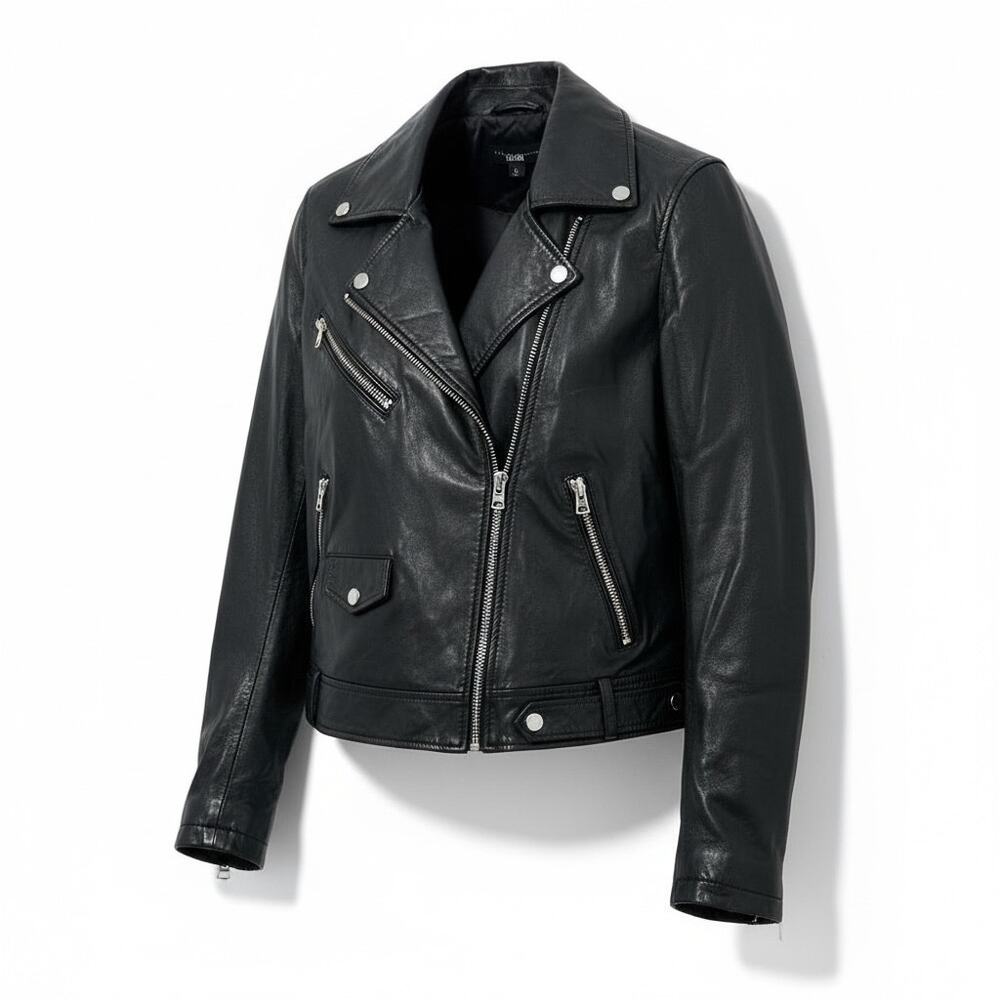 Slate & Willow Genuine Leather Moto Jacket Full Zip Black Women's Size Large
